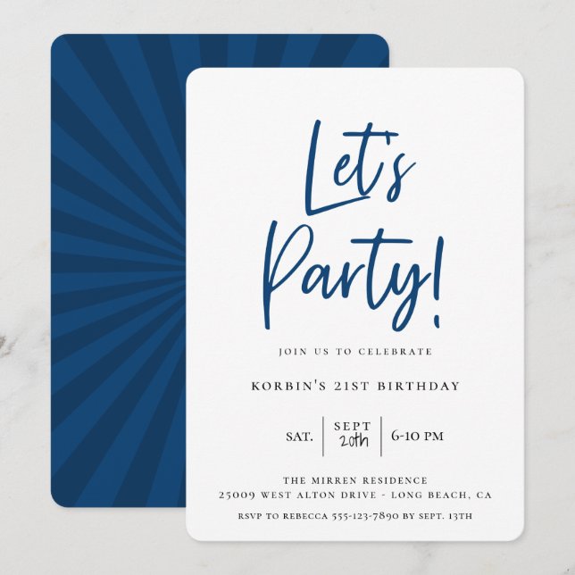 Invitación Cumpleaños de la escritura azul moderna Fiesta (Anverso / Reverso)