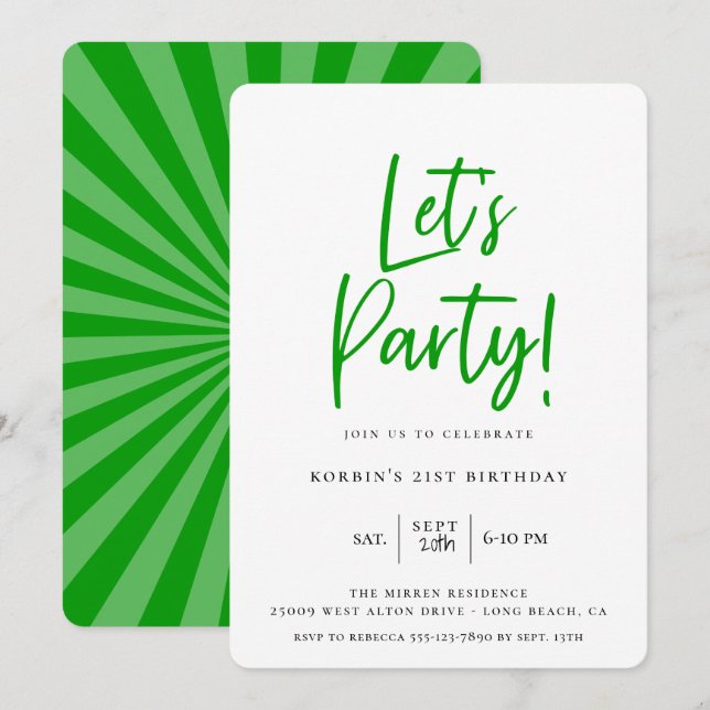 Invitación Cumpleaños de la escritura verde moderna y Fiesta (Anverso / Reverso)