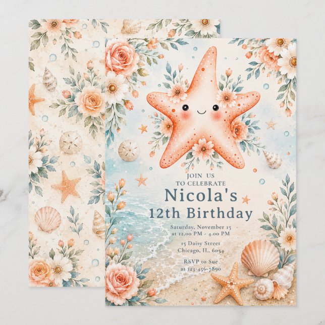 Invitación Cumpleaños de la Estrella de Mar Floral (Anverso / Reverso)