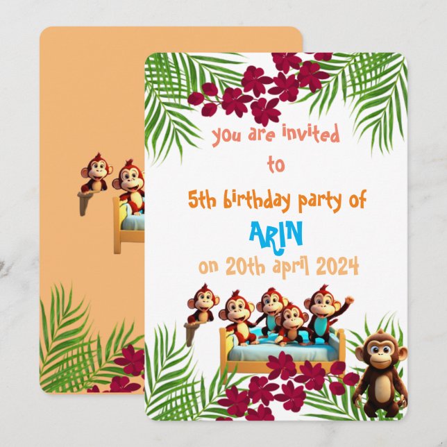 Invitación cumpleaños de la familia de los monos traviesos (Anverso / Reverso)