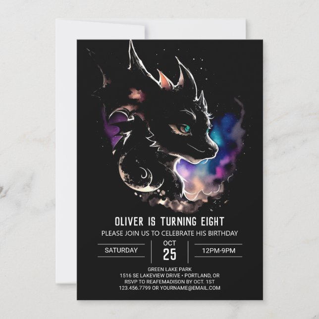 Invitación Cumpleaños de la Fantasía del Dragón Cósmico (Anverso)