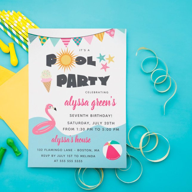Invitación Cumpleaños de la Fiesta de Piscina Flamingo Rosa (Subido por el creador)
