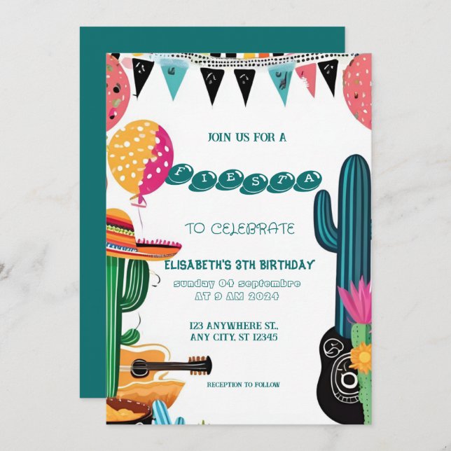 Invitación Cumpleaños de la Fiesta Mexicana colorida (Anverso / Reverso)