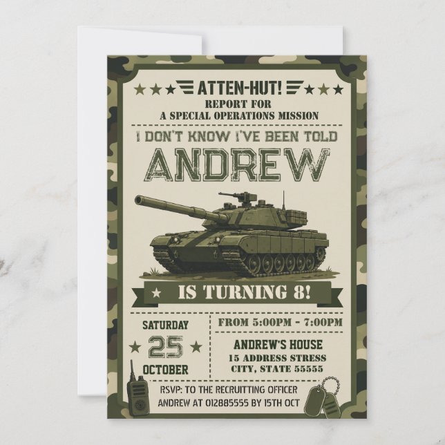 Invitación Cumpleaños de la fiesta militar personal (Anverso)