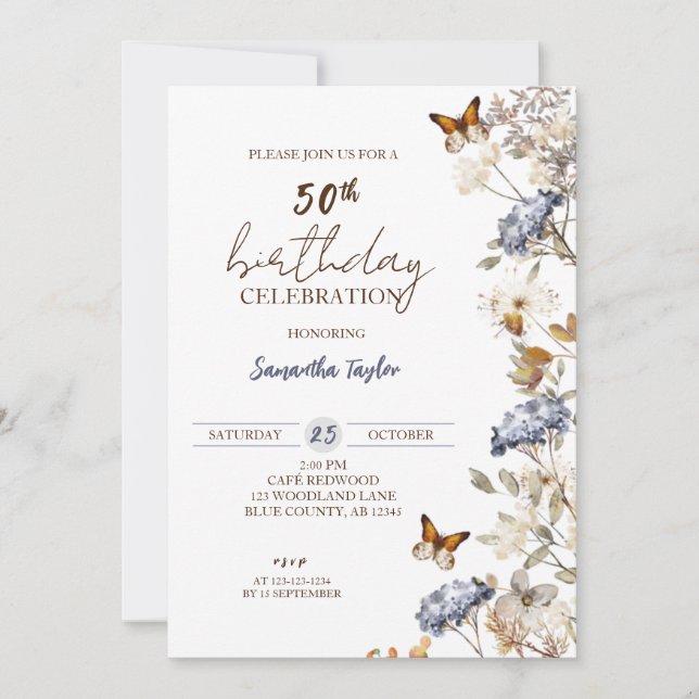 Invitación Cumpleaños de la Flor, 50 de otoño (Anverso)