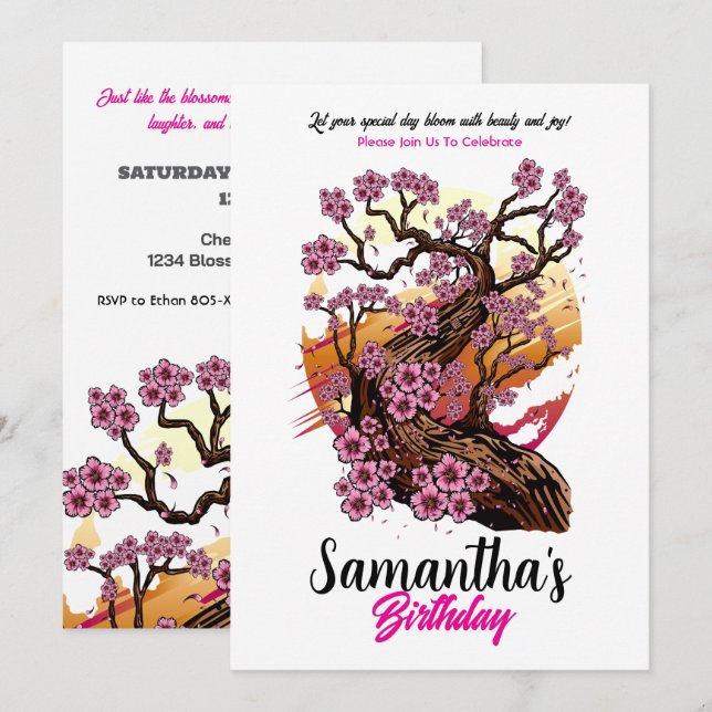 Invitación Cumpleaños de la Flor de Cerezo Salvaje (Anverso / Reverso)