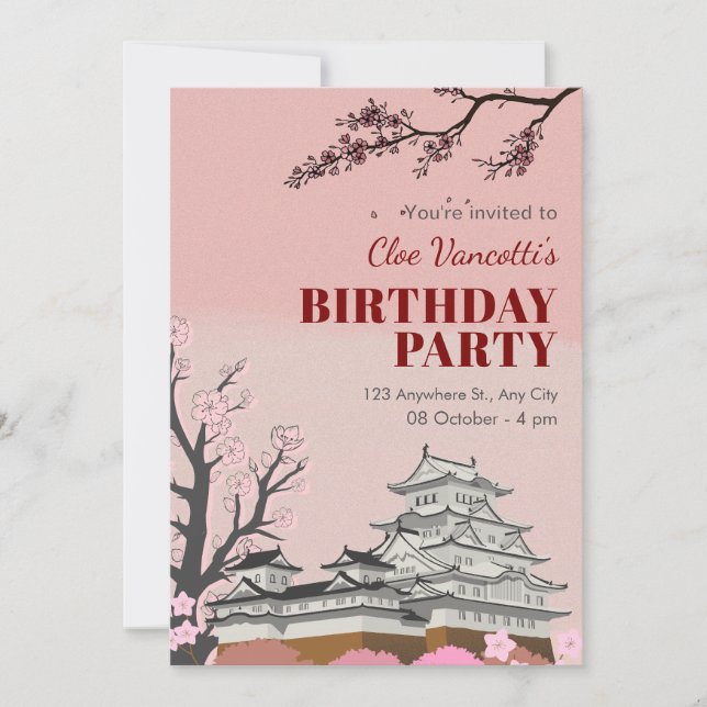 Invitación cumpleaños de la flor japonesa rosa pastel (Anverso)