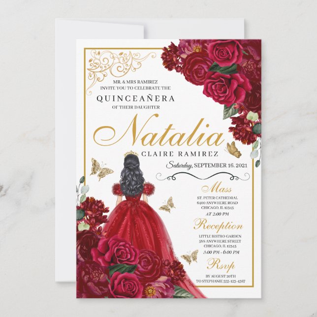 Invitación Cumpleaños de la flor roja y dorada Quinceanera (Anverso)