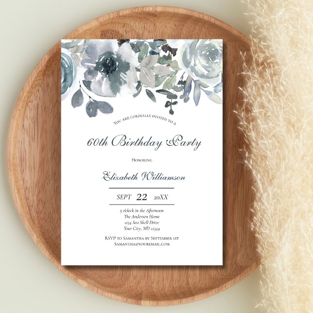 Invitación Cumpleaños de la Flora Gris Azul Verde Azul (Blue Green Gray Watercolor Floral Birthday invitation for her. Printed or Digital Instant download)