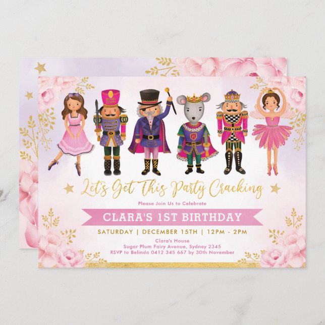 Invitación Cumpleaños de la Floral de Oro Rubor Girly Nutcrac (Anverso / Reverso)