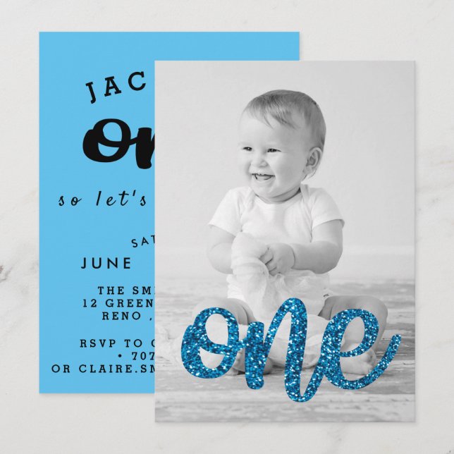 Invitación Cumpleaños de la foto azul del purpurina de los (Anverso / Reverso)