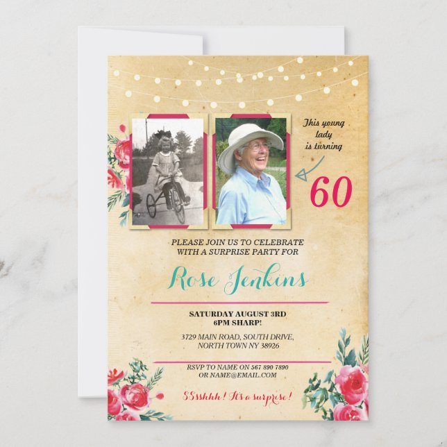 Invitación Cumpleaños de la foto Cualquier edad Floral 2 imág (Anverso)