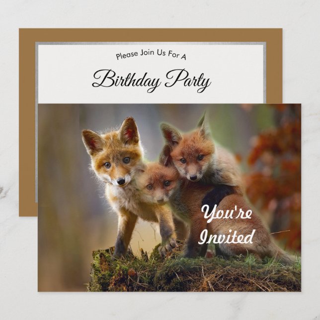 Invitación Cumpleaños de la foto de Fox Kits (Anverso / Reverso)