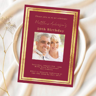 Invitación cumpleaños de la foto de oro de Borgoña