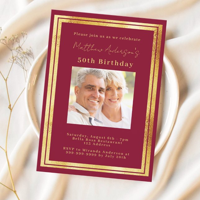 Invitación cumpleaños de la foto de oro de Borgoña (Subido por el creador)