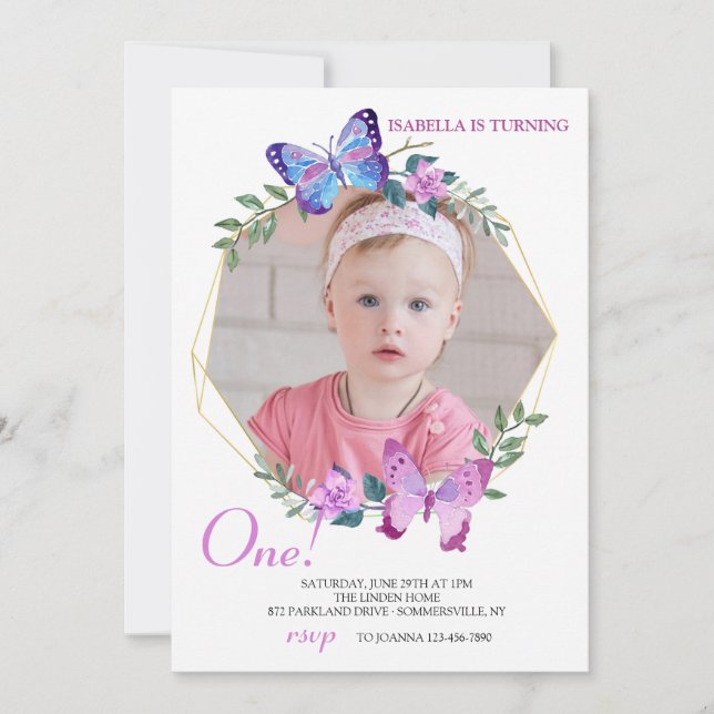 Invitación Cumpleaños de la foto del marco de mariposa (Anverso)