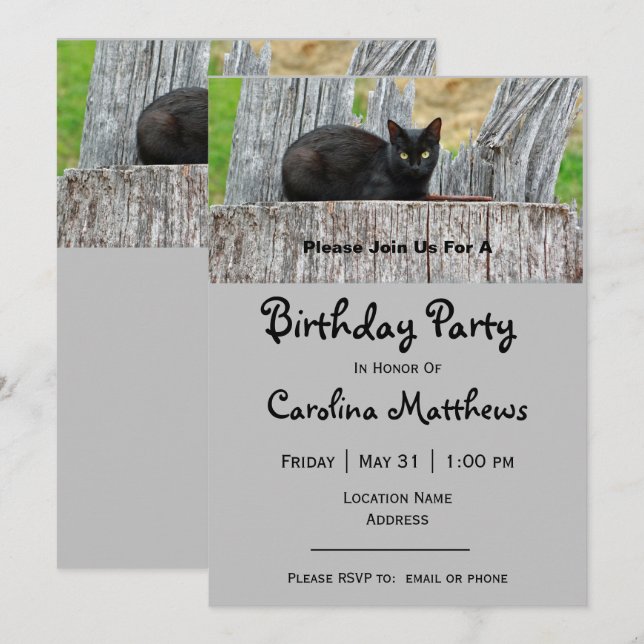 Invitación Cumpleaños de la foto del registro de gato negro d (Anverso / Reverso)