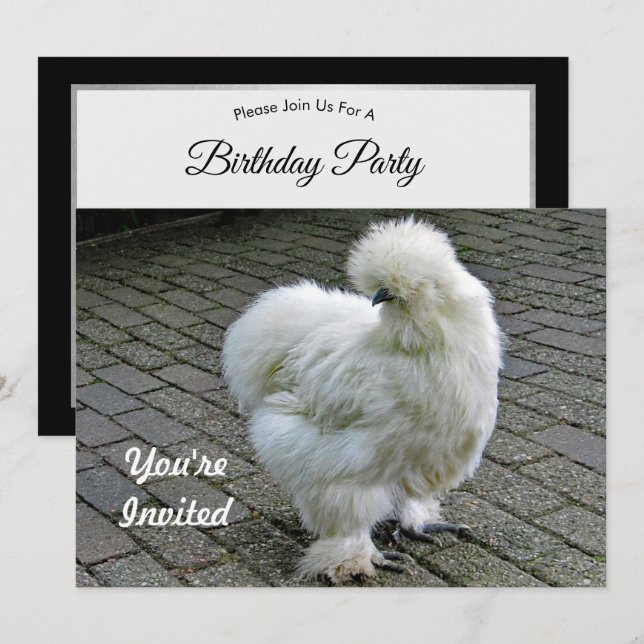 Invitación Cumpleaños de la foto del Silkie Blanco Pollo (Anverso / Reverso)