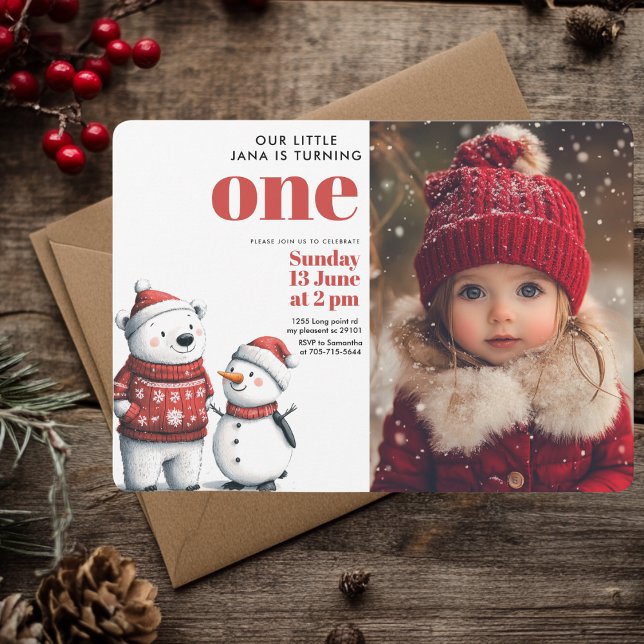 Invitación Cumpleaños de la Foto Red Winter Bear & Snowmen (Subido por el creador)