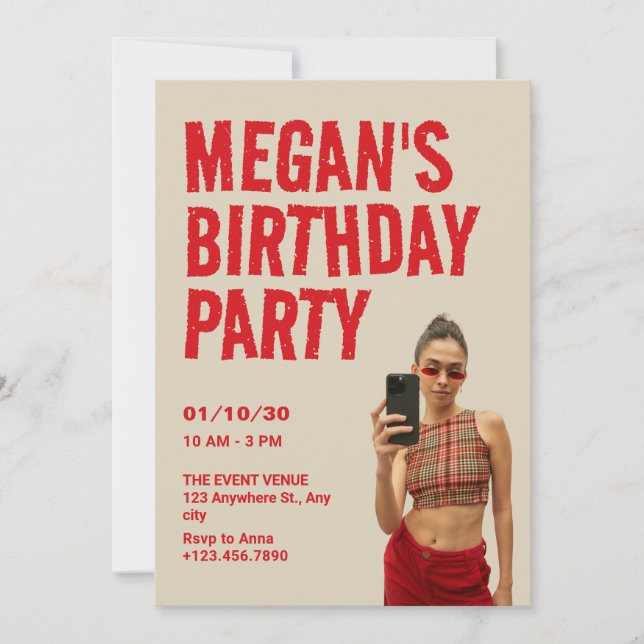 Invitación Cumpleaños de la foto roja de Beige (Anverso)