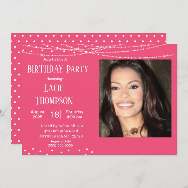 Invitación Cumpleaños de la foto rosa y blanca (Anverso / Reverso)
