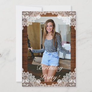 Invitación Cumpleaños de la Foto Rustic Wood & White Lace