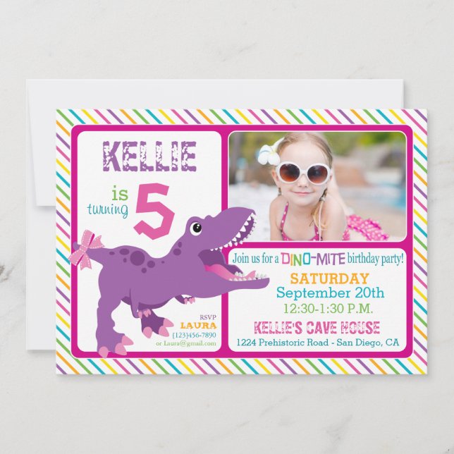 Invitación Cumpleaños de la franja de dinosaurio púrpura T-Re (Anverso)