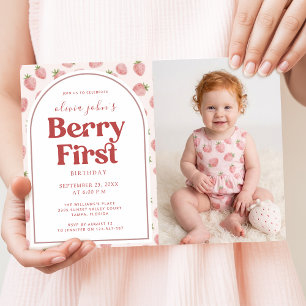 Invitación Cumpleaños de la Fresa de la Bebé por Primera Vez