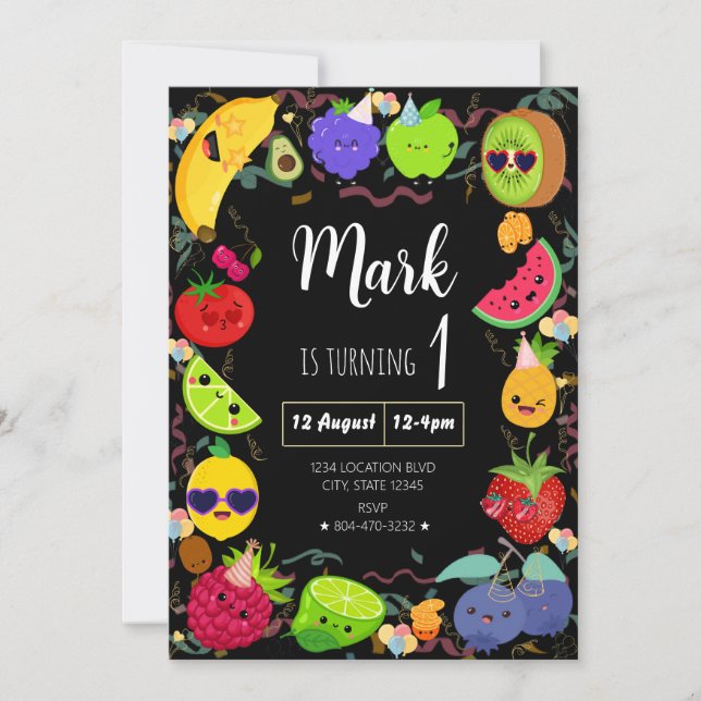 Invitación Cumpleaños de la fruta bailarina (Anverso)