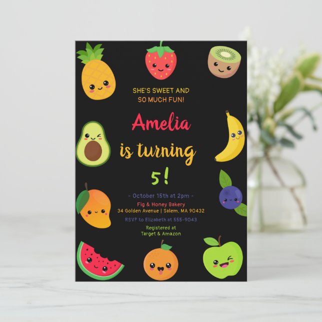 Invitación Cumpleaños de la fruta dulce (Anverso de pie)