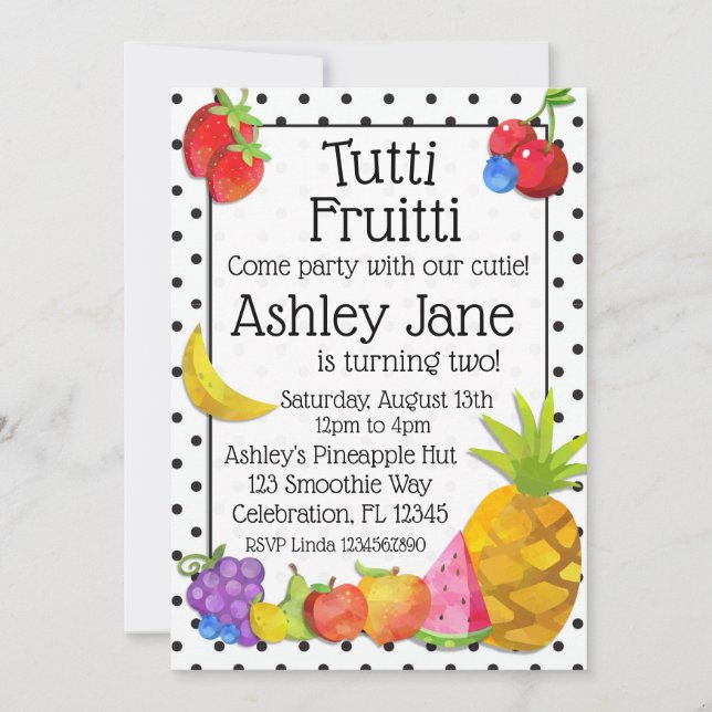 Invitación Cumpleaños de la fruta tropical de Tutti Fruitti (Anverso)