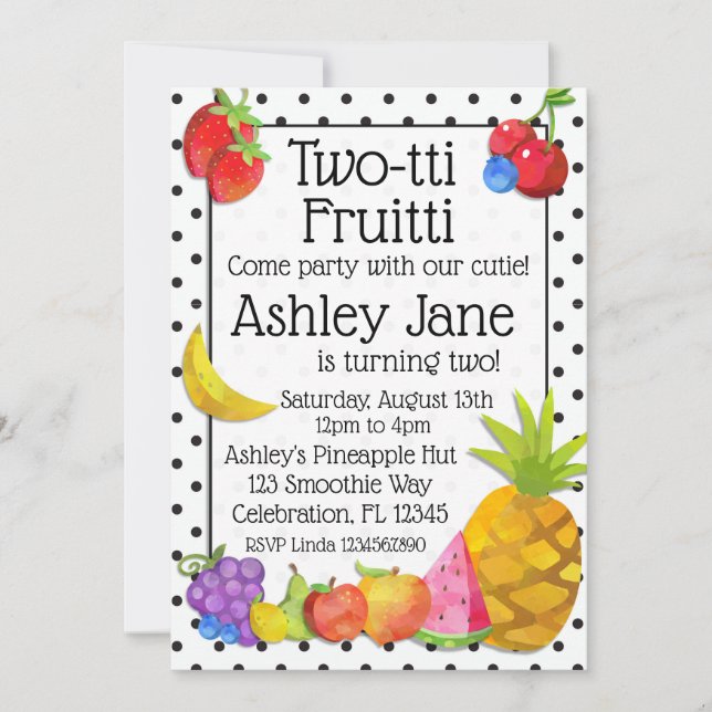 Invitación Cumpleaños de la fruta tropical de Two-tti Fruitti (Anverso)