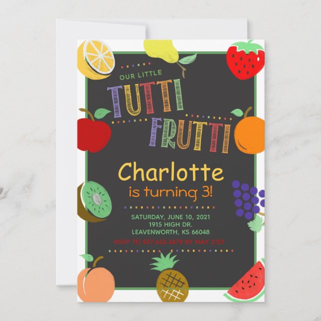 Invitación Cumpleaños de la fruta Tutti Frutti (Anverso)