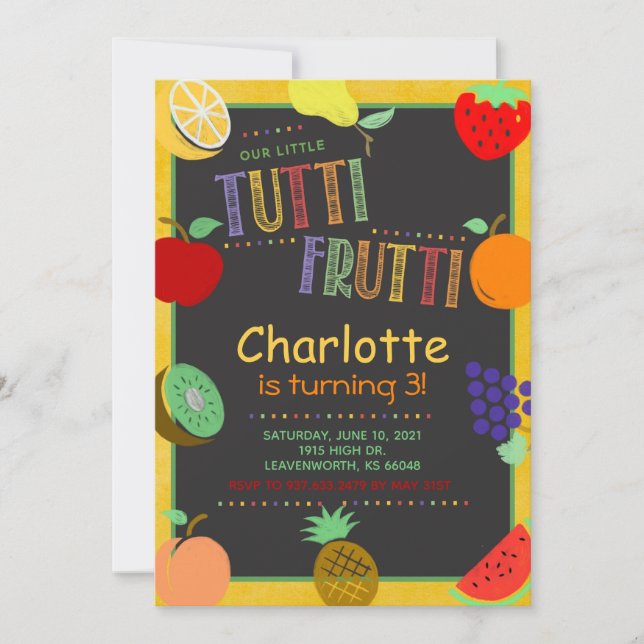 Invitación Cumpleaños de la fruta Tutti Frutti (Anverso)