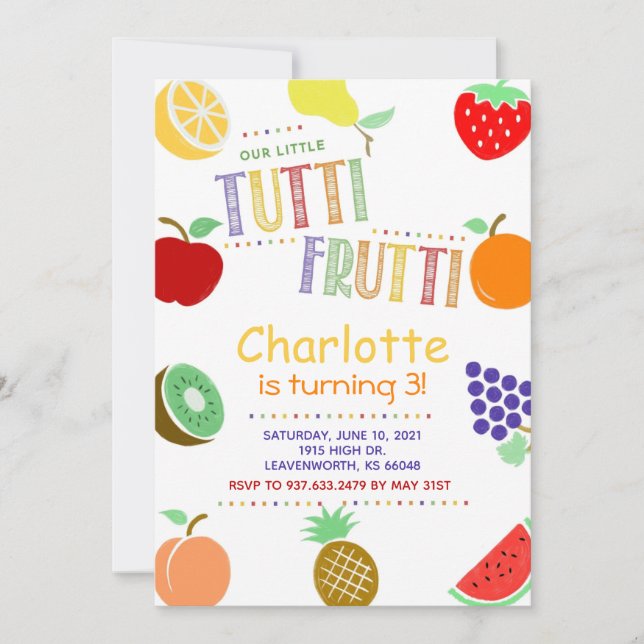Invitación Cumpleaños de la fruta Tutti Frutti (Anverso)