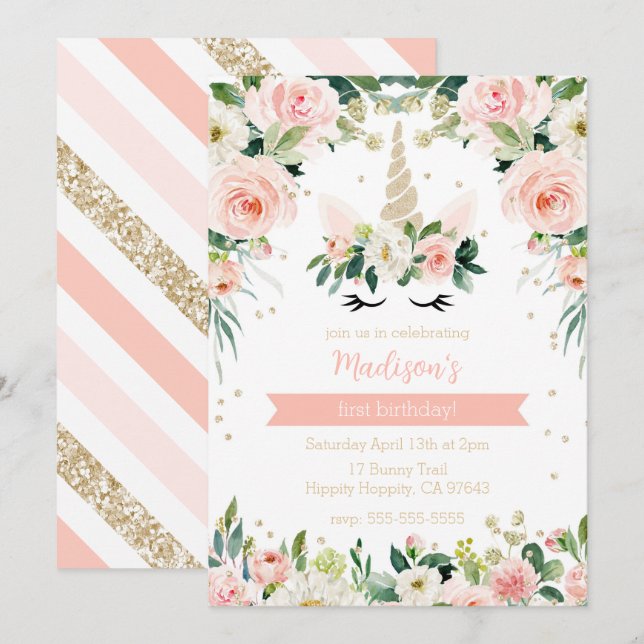 Invitación Cumpleaños de la Girona Rosa Unicornio (Anverso / Reverso)