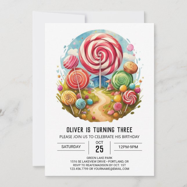 Invitación Cumpleaños de la golosina arcoiris (Anverso)