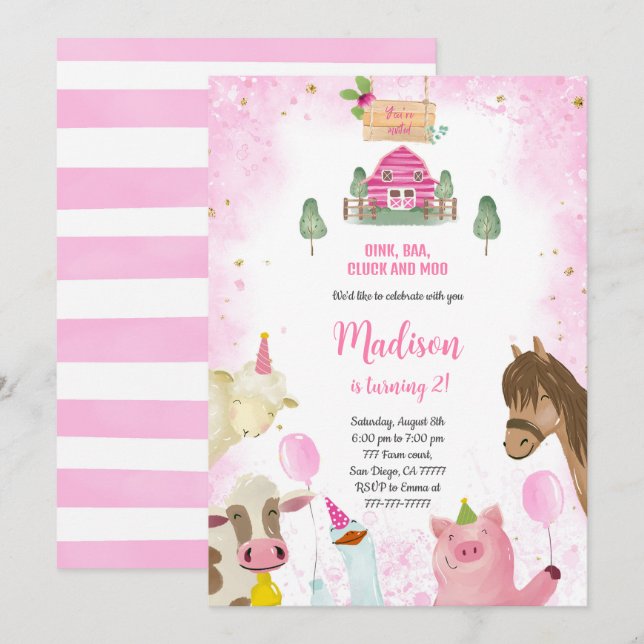 Invitación Cumpleaños de la granja Chica Cute (Anverso / Reverso)