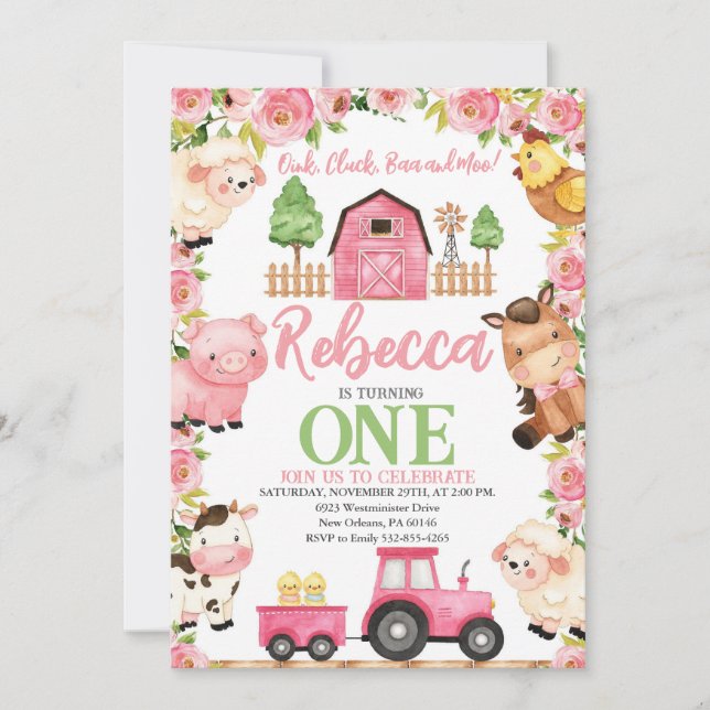 Invitación Cumpleaños de la granja para Chicas, animales de g (Anverso)