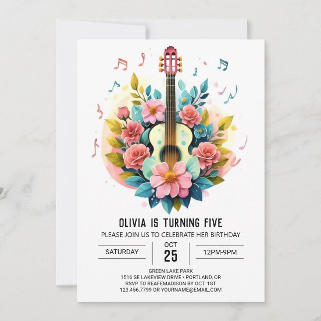 Invitación Cumpleaños de la Guitarra Clásica Rosa (Anverso)