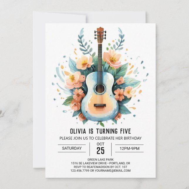 Invitación Cumpleaños de la guitarra divertida acústica (Anverso)
