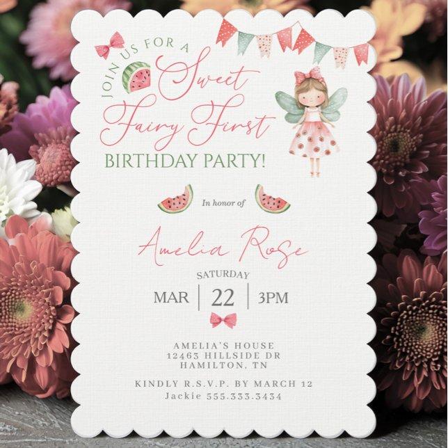 Invitación Cumpleaños de la hada dulce de sandía (Watermelon Sweet Fairy First Birthday Party Invitation)