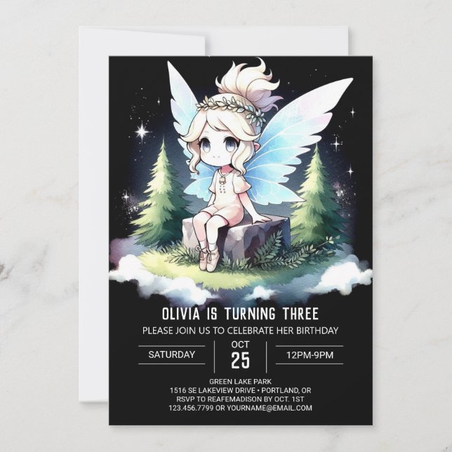Invitación Cumpleaños de la hada moderna y caprichosa (Anverso)