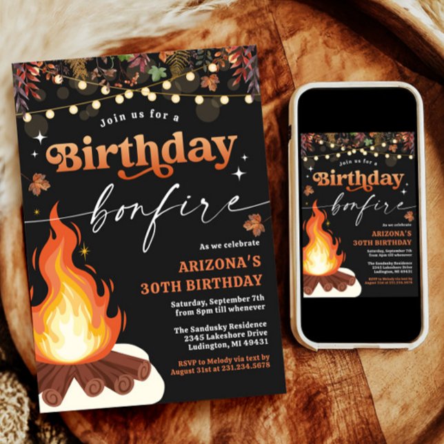 Invitación Cumpleaños de la hoguera de otoño moderna, Bash de (Modern Fall Bonfire Birthday, Bonfire Bash Invitation)