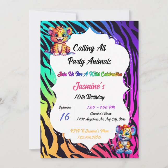 Invitación Cumpleaños de la impresión de animales del tigre a (Anverso)