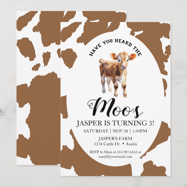 Invitación Cumpleaños De La Impresión De Cow Brown Has Oído A (Anverso / Reverso)