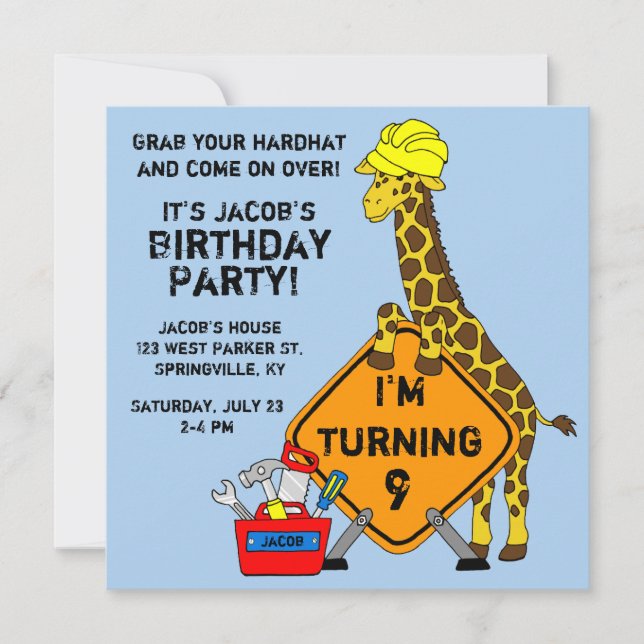 Invitación Cumpleaños de la jirafa de la construcción (Anverso)