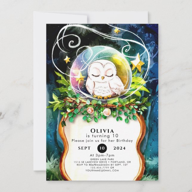 Invitación Cumpleaños de la lechuza acuarela encantada (Anverso)