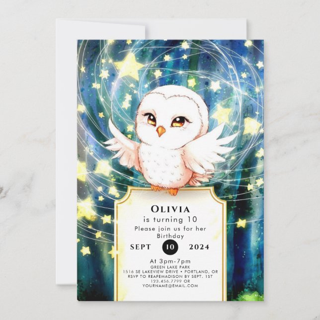 Invitación Cumpleaños de la Lechuza Cuta colorida (Anverso)