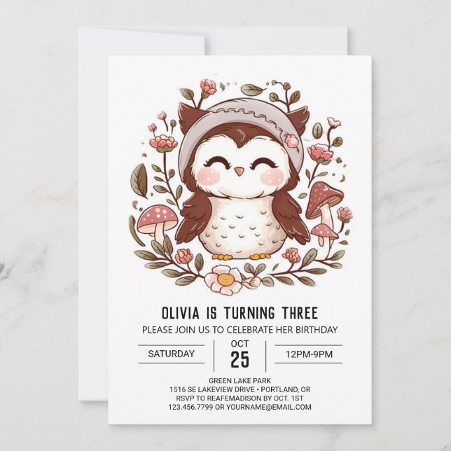Invitación Cumpleaños de la Lechuza Digital Boho Woodland (Anverso)